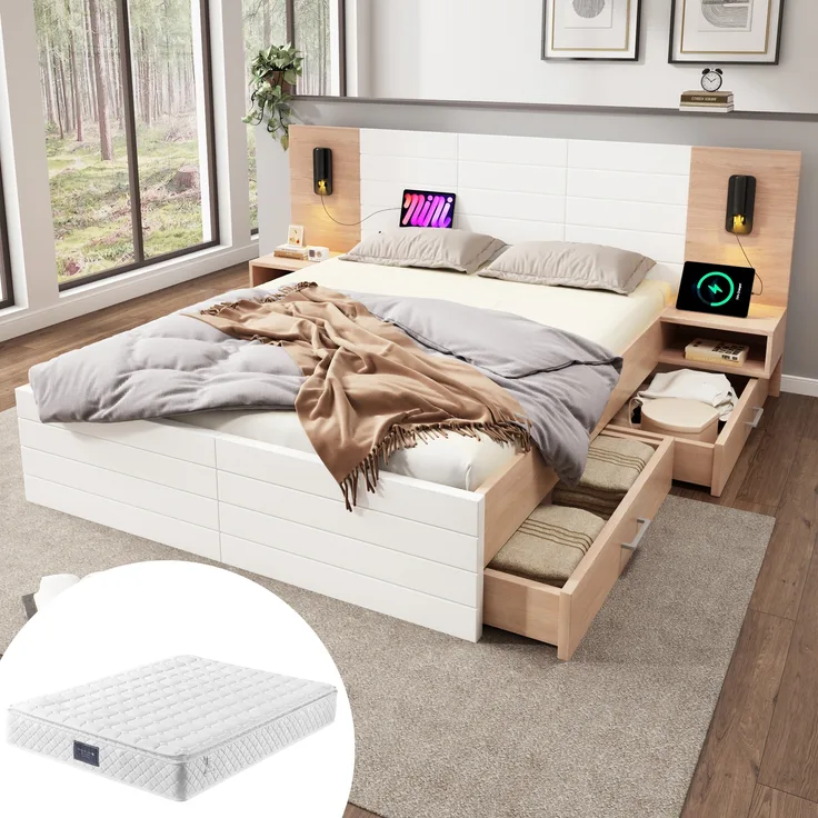 Bett 140x200 cm mit Stauraum und Leselicht mit USB in Weiß/Eiche – modernes Holzdesign