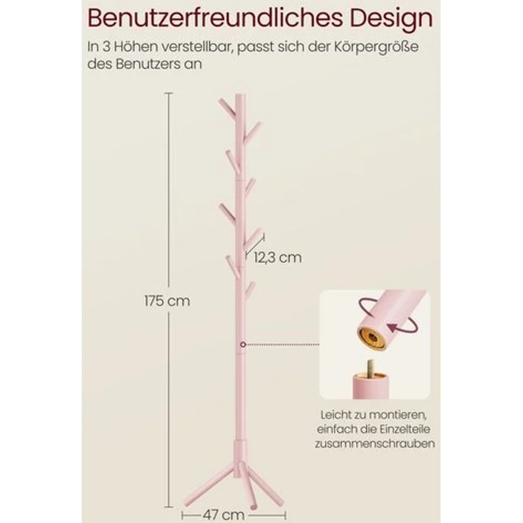 VASAGLE Garderobenständer, Kleiderständer aus Massivholz, Garderobe in Baumform, 8 Haken, 3 verstellbare Höhen, für Kleidung Hut Tasche, Wohnzimmer Schlafzimmer Büro, pastellrosa – Bild 2