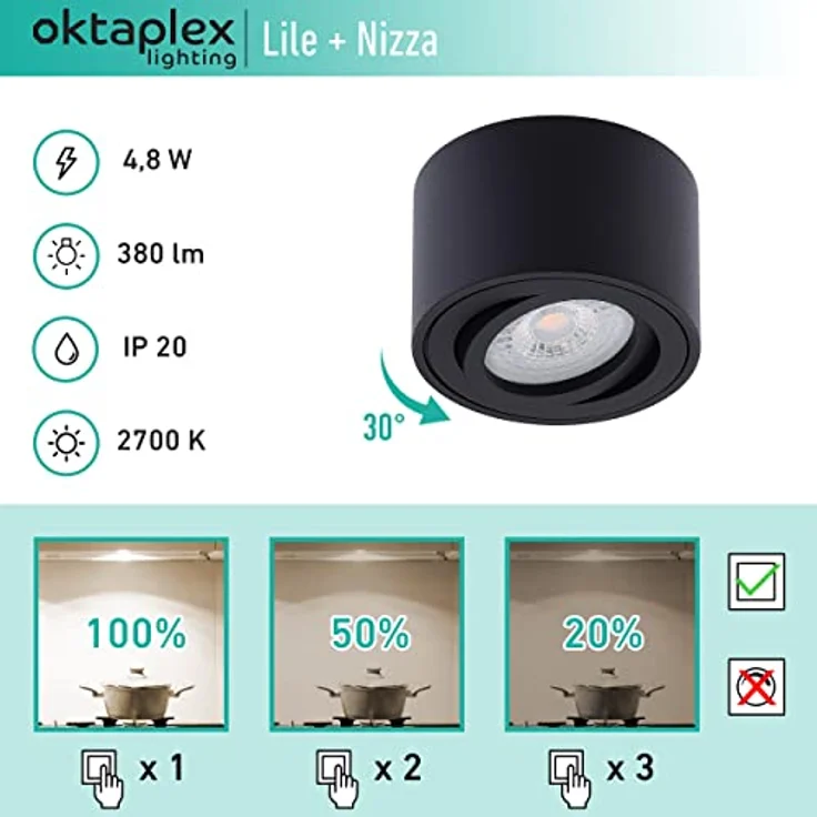 Oktaplex Lile Aufbauspot Set, 6 Stück, dimmbar, 4,8W, 2700K warmweiß, schwenkbar, schwarz, Aluminium – Bild 3