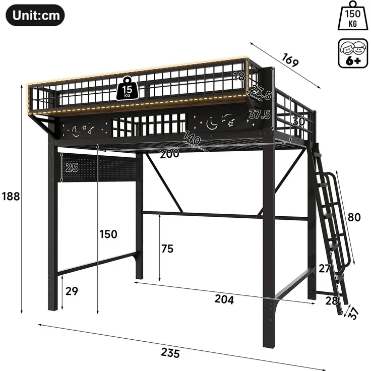 Hochbett, 140 x 200 cm, Metallbettgestell, Staufächer, offene untere Ebene, Ohne Matratze, Schwarz – Bild 5