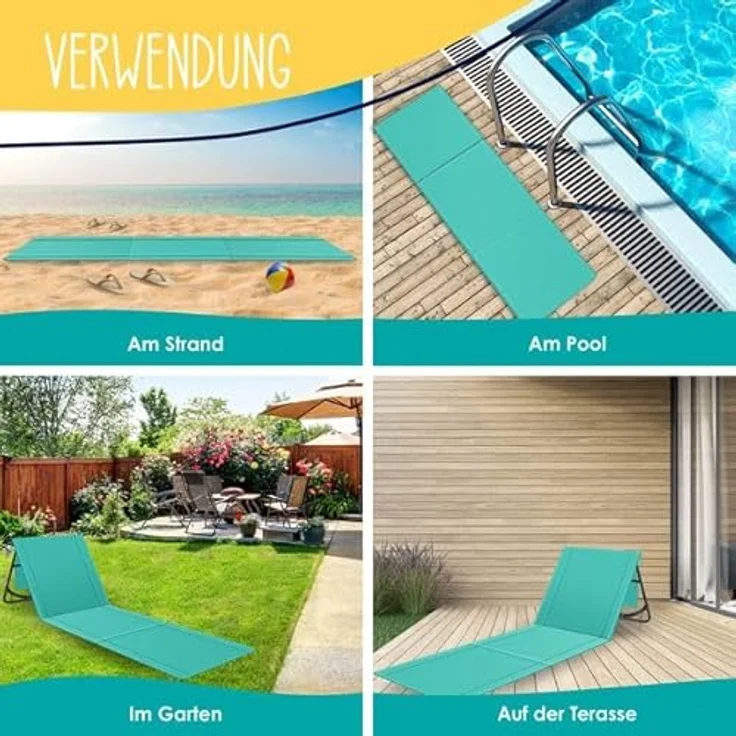 KESSER® Strandmatte klappbar mit verstellbarer Rückenlehne, Strandliege faltbar mit Tragegurt, wasserdichter Handyhülle & Aufbewahrungstasche, Sonnenliege für Strand Garten Terrasse, Liegematte 130Kg Blau, 2er Set – Bild 8
