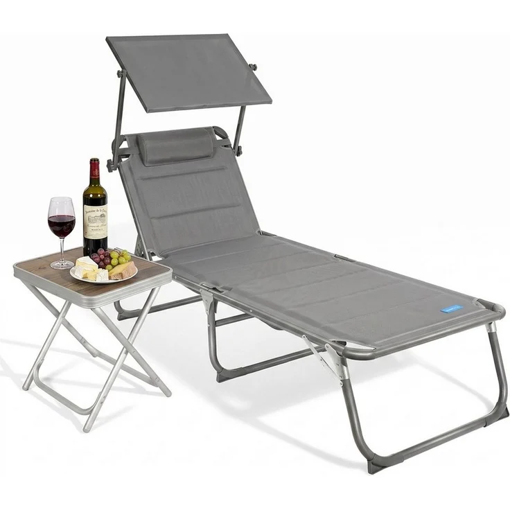 HOMECALL Gartenliege Große Sonnenliege mit multifunktionaler Beistelltisch AluLiege, Strandliege Liegestuhl Klappstuhl mit Sonnendach, Textilene Mit Dickemschnelltrocknende, Schaumstoffpolsterung, Kopfstütze und verstellbarer Rückenlehne, bis 180 kg – Bild 1