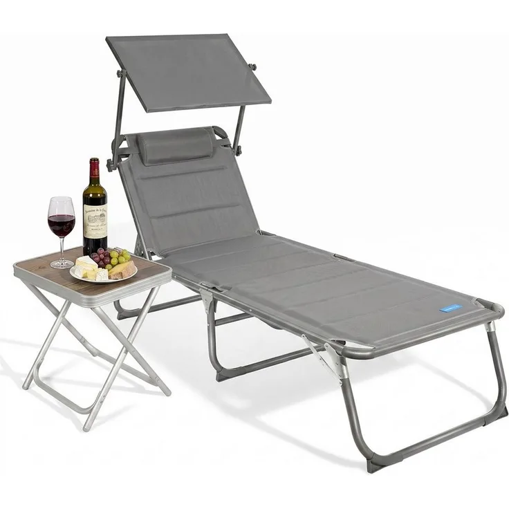 HOMECALL Gartenliege Große Sonnenliege mit multifunktionaler Beistelltisch AluLiege, Strandliege Liegestuhl Klappstuhl mit Sonnendach, Textilene Mit Dickemschnelltrocknende, Schaumstoffpolsterung, Kopfstütze und verstellbarer Rückenlehne, bis 180 kg