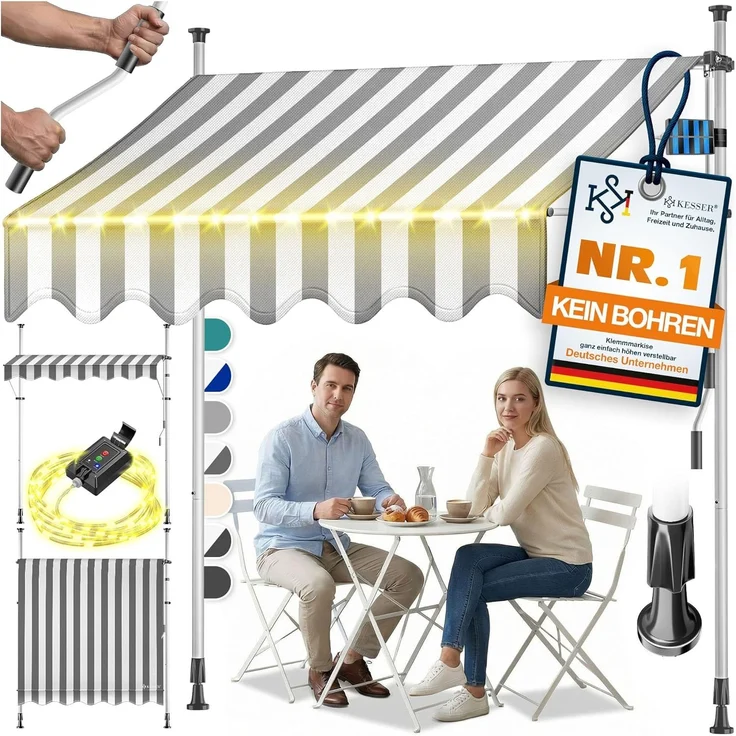 KESSER® Klemmmarkise mit Handkurbel & LED Lichterkette | Balkonmarkise ohne Bohren | Markise UV-beständig höhenverstellbar & wasserabweisend | Sonnenschutz für Balkon Terrasse & Garten Weiß / Grau, 250cm