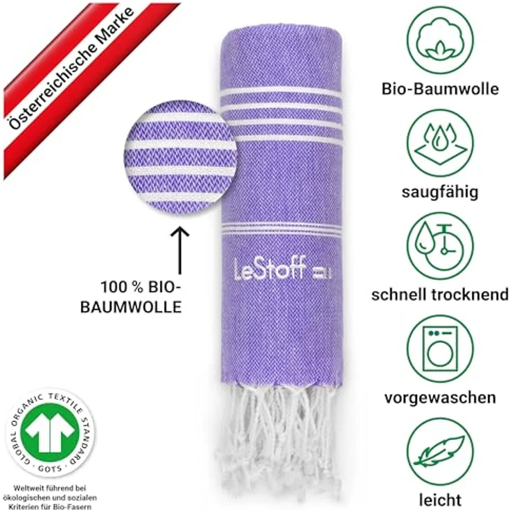LeStoff Hamamtuch - 100% Bio-Baumwolle, 95 x 180 cm, Vorgewaschen, Schnelltrocknend, Saugstark, Leicht, lila (Violett) – Bild 3