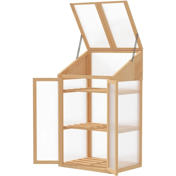 MELAYR, Mini-Gewächshaus, kleines Treibhaus mit Holzrahmen, Fenster und Doppeltür, 3 Regale, 70 x 50 x 120 cm, Braun – Bild 2