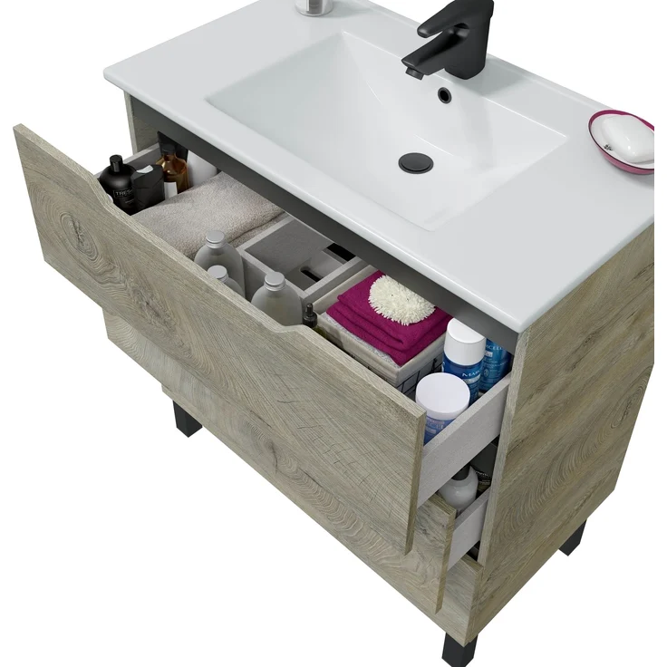 Waschtisch >LEA< in Alaska Eiche Dekor / Anthrazitgrau - 80x86x45 (BxHxT) – Bild 2
