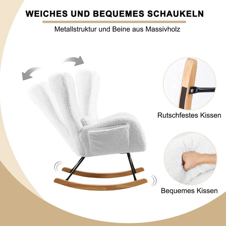 Schaukelstuhl aus Teddy-Velours mit Polsterung & Schaukelmechanik, 45x85x95 cm, Weiß – Bild 6