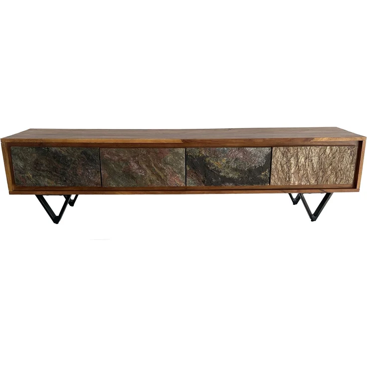 FineBuy Lowboard Sheesham Massivholz 160 cm, TV Board mit Front in Steinoptik & schwarzem Metallgestell, Fernsehschrank Industrial Design, TV Möbel Wohnzimmer Holz Metall – Bild 6