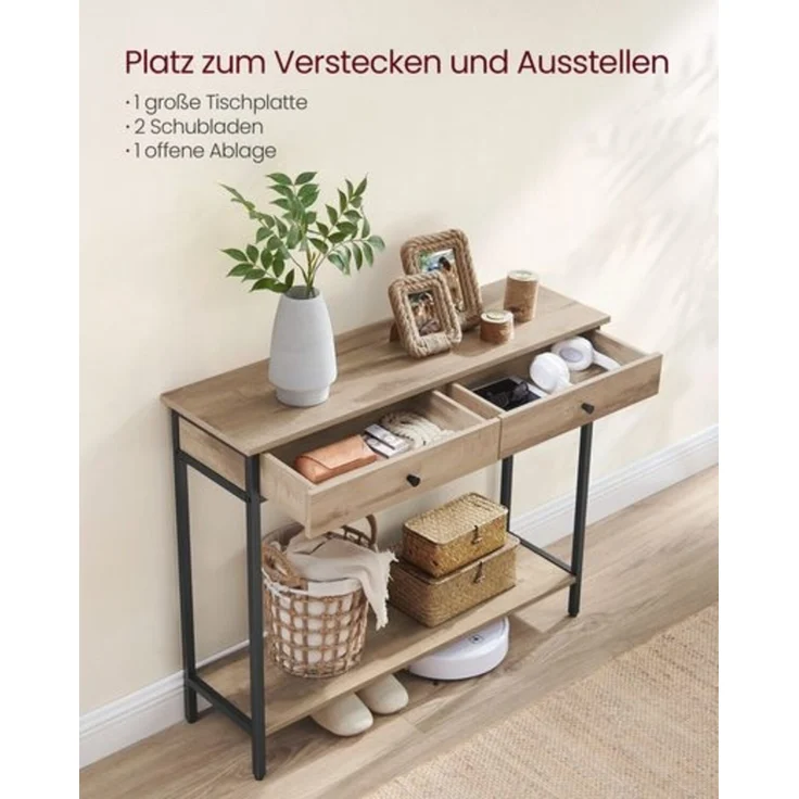 Vasagle Konsolentisch, Flurtisch, Beistelltisch, Sofatisch mit 2 Schubladen, Stahlgestell, Flur, Wohnzimmer, Industrie-Design, kamelbraun-tintenschwarz LNTDE015W01 Konsole – Bild 3