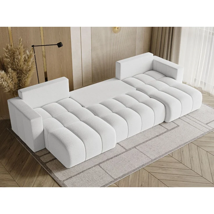 GRAINGOLD Ecksofa U-Form Neva U, Ecksofa mit Schlaffunktion, Bettkasten, mit losen Kissen, Bouclé-Stoff, Weiß – Bild 4