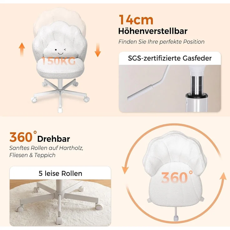 COMHOMA Bürostuhl Schminkstuhl Homeoffice Stuhl, Schreibtischstuhl Drehstuhl mit Rrollen, höhenverstellbar,für Schminktisch,Arbeitszimmer, Schlafzimmer,150kg – Bild 7