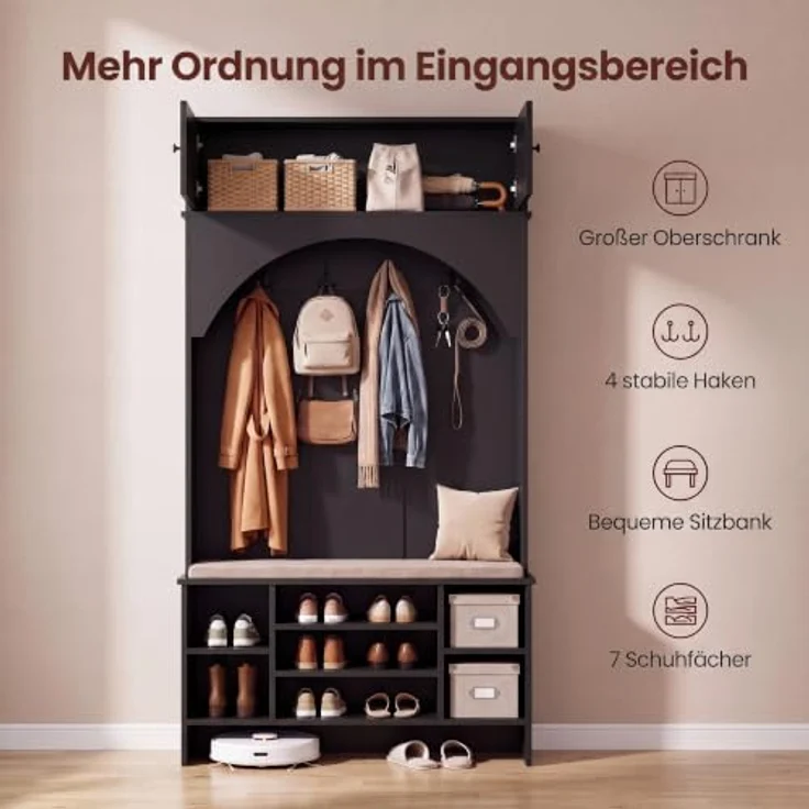 IRONCK Garderobenständer, Garderobe mit Sitzbank und Schuhregal Schwarz | Flurmöbel mit Oberschrank, 4 Dreifach-Haken und 7 Schubfächern, Kleiderständer, Eingangsmöbel für Schlafzimmer 100x35x186 cm – Bild 2