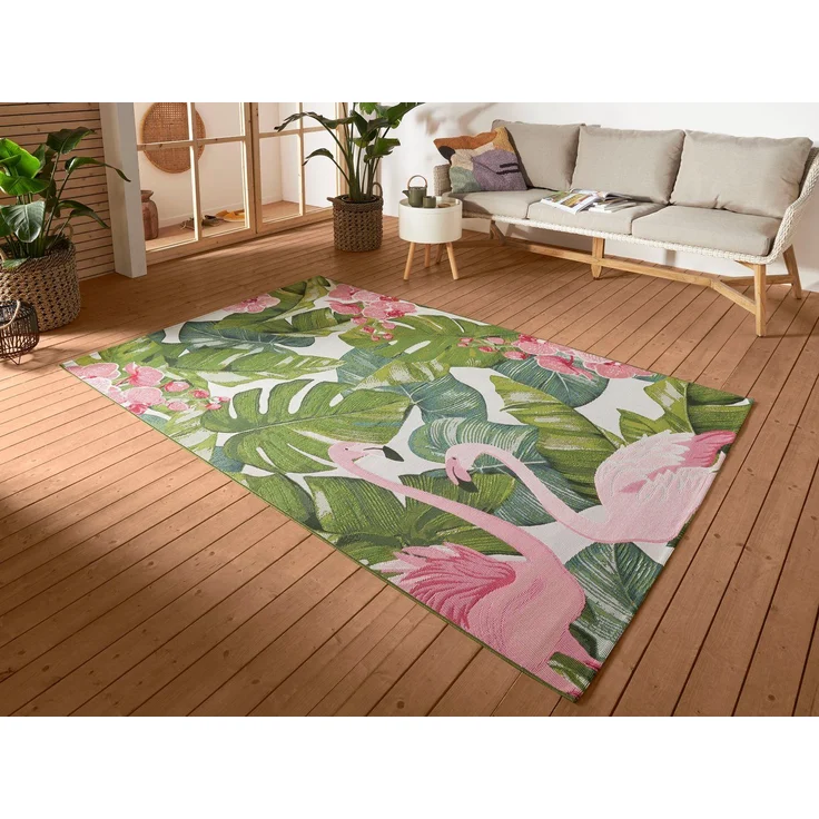 Hanse Home Tropical Flamingo In- & Outdoor Teppich – Flachgewebe, Tropical Jungel Florales Palmen Design, ÖKO-TEX Wetterfest & UV-beständig für Balkon, Terrasse, Garten, Wohnzimmer - Bunt, 120x180 cm – Bild 1