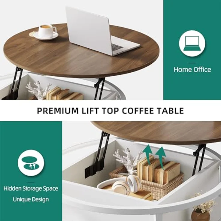 YITAHOME Couchtisch Rund mit Hebeplatte, Wohnzimmertisch mit verstecktem Ablagefach, Beistelltisch Rund mit Stauraum für Home Office, Runder Mitteltische Wohnzimmer, Weiße Eiche – Bild 5