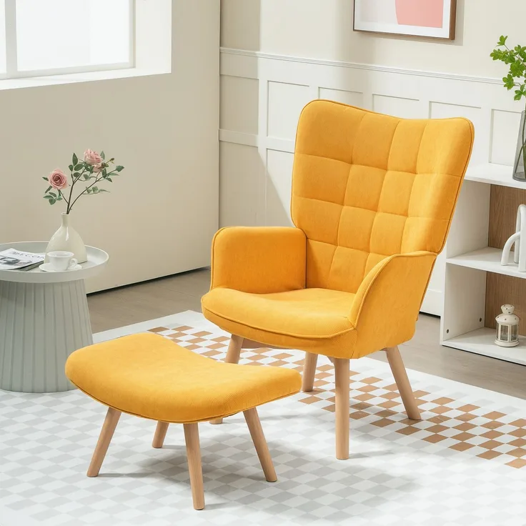 DESVIAE Sessel mit Hocker 80x101x72 cm aus Polyester, Orange, mit Buchenholzbeinen