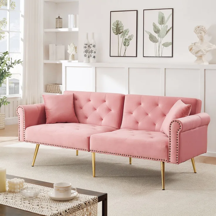 Schlafsofa in Rosa mit verstellbarer,vergoldete Metallfüße, 3 Stufen Rückenlehne, 2 flauschige Sofakissen, versteckter Stauraum