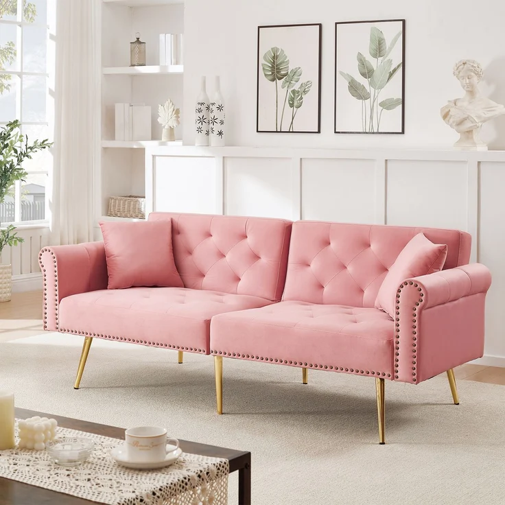 Schlafsofa in Rosa mit verstellbarer,vergoldete Metallfüße, 3 Stufen Rückenlehne, 2 flauschige Sofakissen, versteckter Stauraum – Bild 1