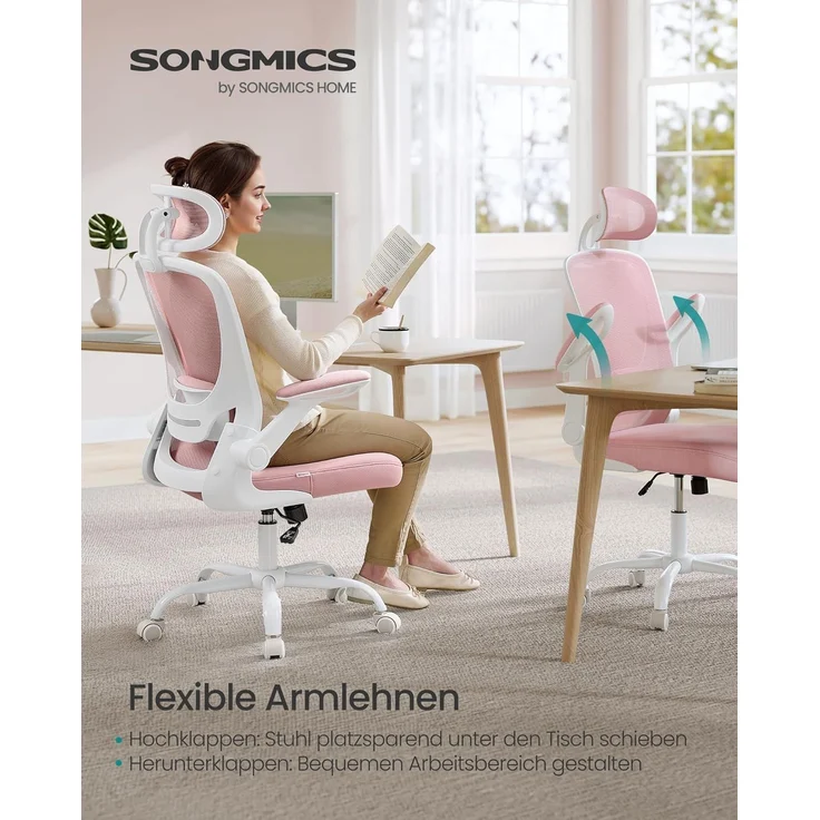 Songmics Bürostuhl ergonomisch, mit Mesh, gepolsterte Lendenstütze, Wippfunktion, 53 cm große Sitzfläche, klappbare Armlehnen, Kopfstütze, pastellrosa, 64x64 x (115-130) cm – Bild 6