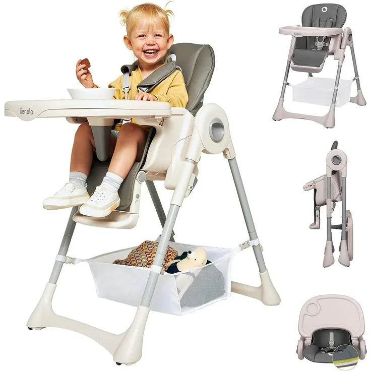 LIONELO Zanna Hochstuhl für Kinder, Baby, Kinderstuhl, Babystuhl, Fütterungsstuhl, klappbar mit Rädern, Großes Tablett, Einstellung des Tabletts und der Fußstütze von 6 bis 36 Monaten, zu 15kg (Grau)