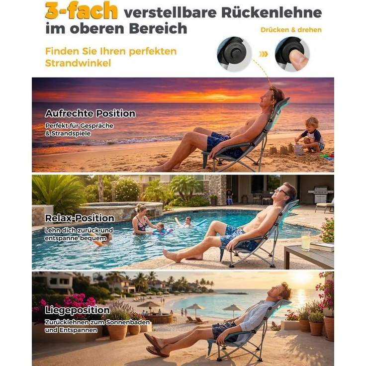 HOMECALL Klappstuhl Strandliegestuhl Klappbar leicht niedriger Strandstuhl Campingstuhl (2 St), Bequeme Rückenlehne, Gepolsterte Armlehnen, bis 180 kg – Bild 3