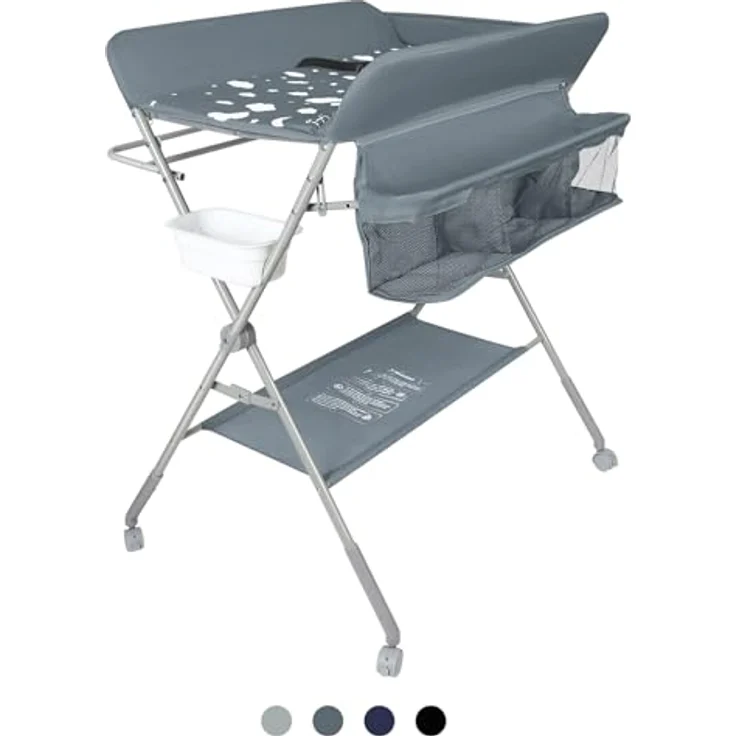 Baby Klappbarer Wickeltisch，Mobiler Wickeltisch mit Rollen und Wickelauflage,Wasserdicht und Höhenverstellbar，Baby Wickelkombi mit Ablagefächern-80 * 58 * 90 cm-dunkelgrau – Bild 5