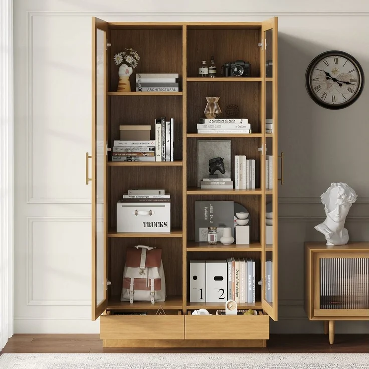 Flieks Glasvitrine Bücherregal mit 2 Glastüren und Schubladen (80x40x160 cm, 1-St) Hochschrank Aktenschrank Mehrzweckschrank mit 9 Fächern Holzoptik – Bild 2