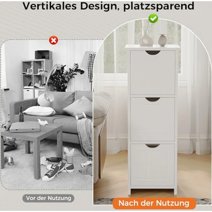 Sweetcrispy Badezimmerschrank schmal modern, Badkommode mit 3 Schubladen, Hochglanz Weiß, großer Stauraum, Badezimmer Kommode, 32 x 30 x 81cm – Bild 7