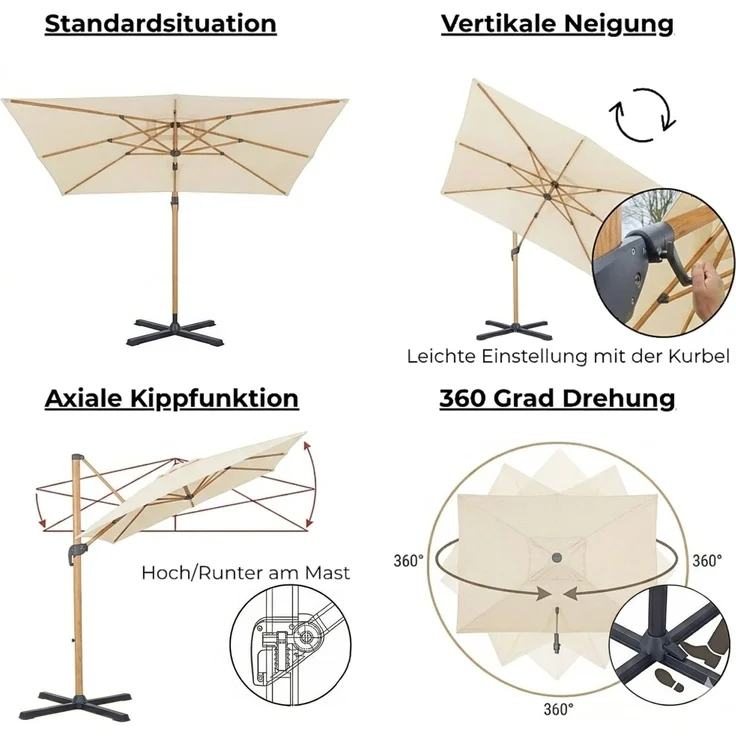 osoltus KOS Ampelschirm Alu Wood beige 350x260cm axial schwenkbar – Bild 4