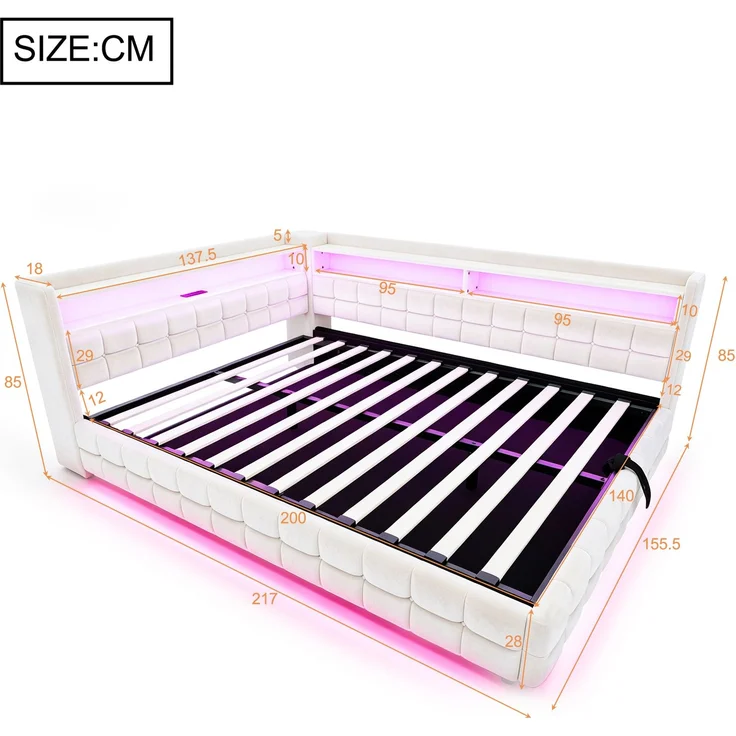 EINHOM Multifunktionales Polsterbett Schlafsofa 140 x 200 cm, mit Hydraulischem Stauraum, Holzregal, LED-Lichtleiste, Steckdose, USB- und Typ-C-Ladeanschlüssen, Lattenrost-Unterstützung, Samtstoff Beige (Ohne Matratze) – Bild 2