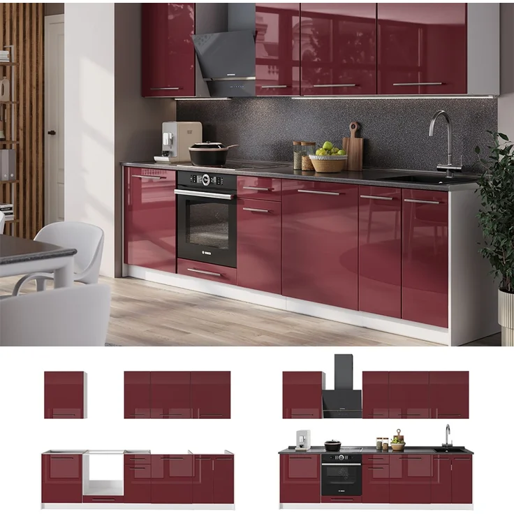 Küchenzeile Fame-Line Bordeaux Hochglanz/Weiß 280 cm, AP Marmor Vicco – Bild 4