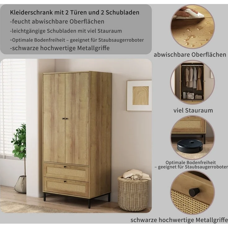 OTTO home Kleiderschrank Motala Schlafzimmerschrank Garderobe Boho Eichen-Design Bestseller (Moderne schwarze Griffe, Schublade mit Geflecht) Schlafzimmerschrank mit 2 Türen und 2 Schubladen – Bild 2