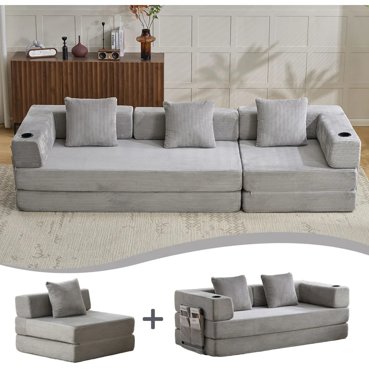 Bodensofa mit Schlaffunktion aus Cord in Hellgrau，H 60 x T 277.5 x B 92.5 cm – Bild 3