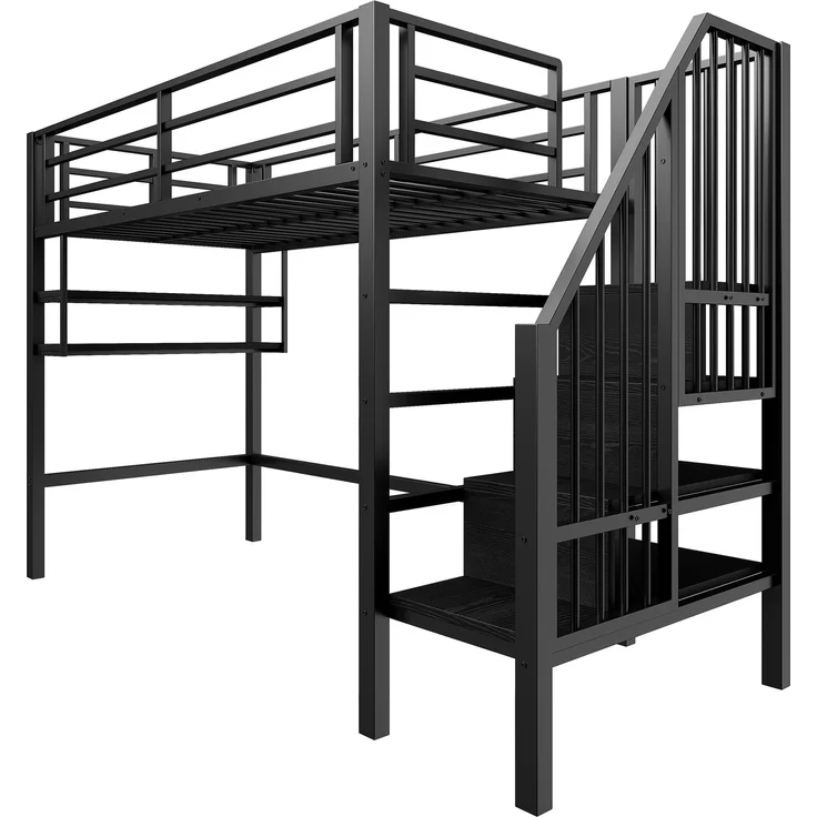 Bett 90x200 cm Hochbett mit Stauraumleiter und Einlegeböden – platzsparendes Kinderhochbett in Schwarz – Bild 8