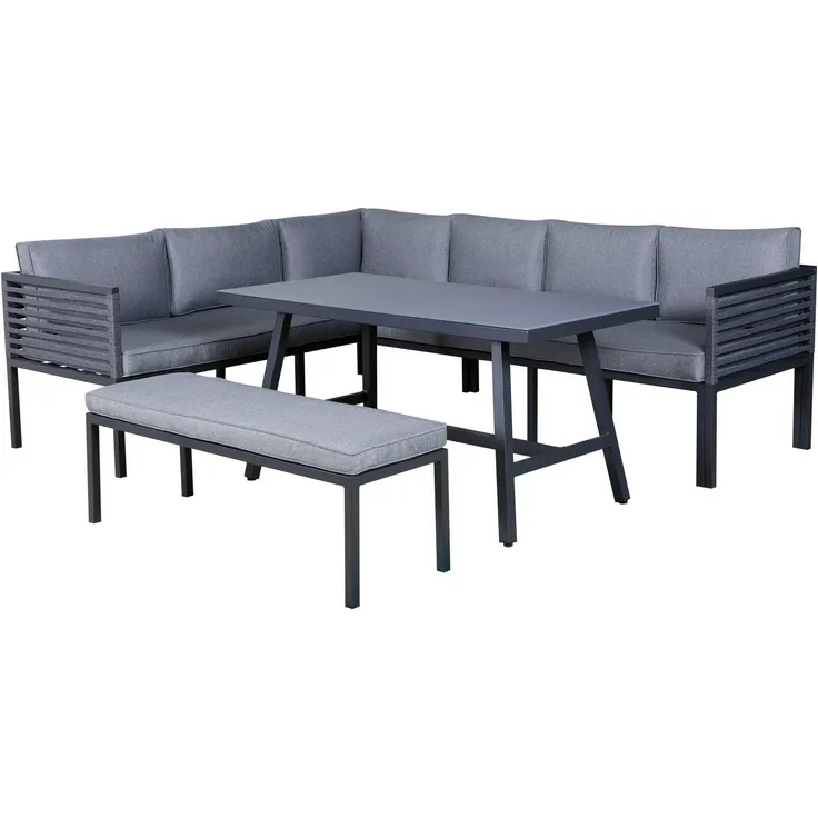 KONIFERA Gartenlounge-Set Ecklounge »Edessa«, (Set, 14-tlg, 2x 3er Sofa, Tisch 70x140x69 cm, 1 Sitzbank, inkl. Auflagen), Armlehne mit Seilgeflecht und Nonwood-Latten