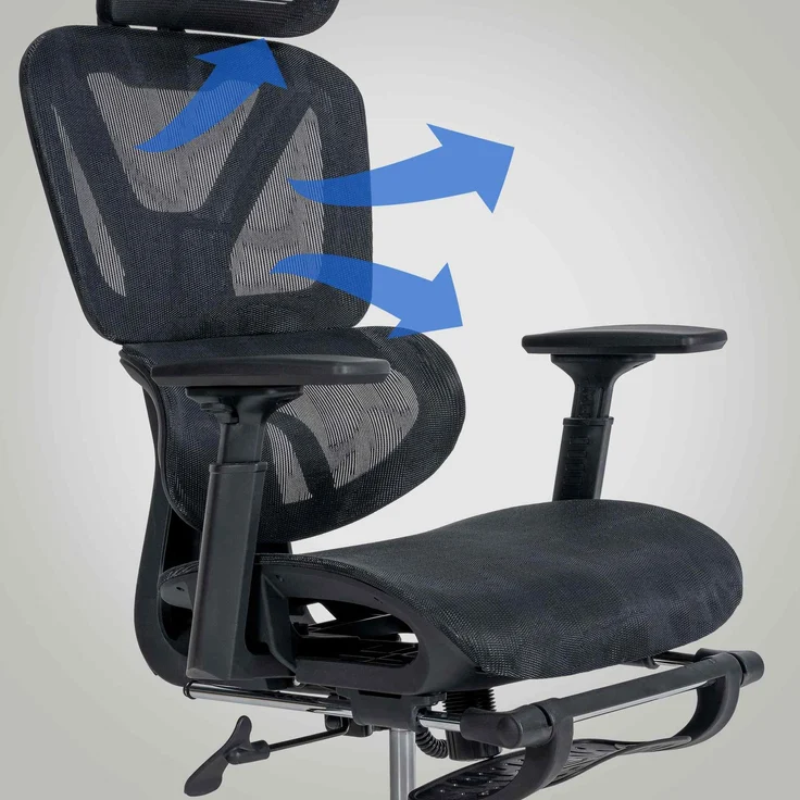 DELUKE® Bürostuhl Ergonomisch OLYMPO Schreibtischstuhl mit Rollen Höhenverstellbarer Drehstuhl, Arbeitsstuhl mit Kopfstütze Fußstütze Chefsessel, Computerstuhl 135 kg Schwarz – Bild 3