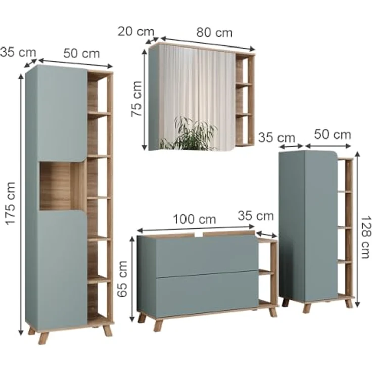 Vichy Badmöbelset Karen, Sonoma/Blau, 4 Teile mit modernem Design und geräumigem Stauraum – Bild 2