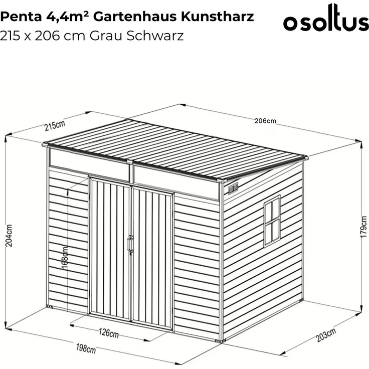 osoltus 'Penta' Gartenhaus, 4,4m², Kunststoff Grau Schwarz, 215 x 206 cm – Bild 3