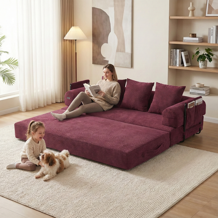 LVHOM Schlafsofa 3 Sitzer, Klappsofa mit Schlaffunktion, Bodensofa, Polstersofa aus CordStoff, Schlafcouch dauerschläfer, frei Kombination, 200x94x67 cm, Weinrot