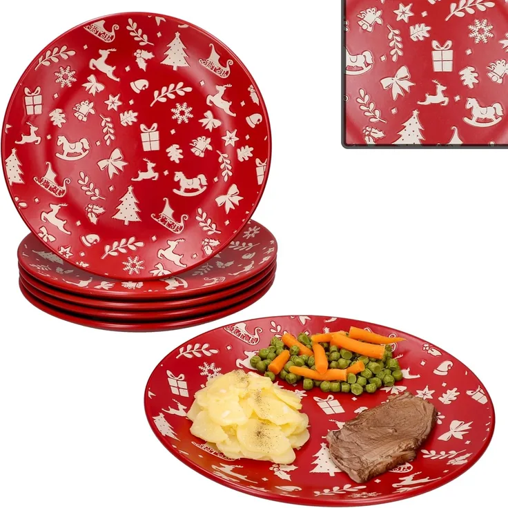 MamboCat Speiseteller 6er Set Advent Speiseteller Ø27cm Steingut Rot Weihnachten Essteller