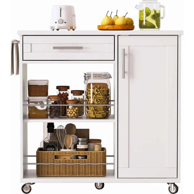 Küchenwagen 90 x 62 x 90 cm mit Marmor-Optik Arbeitsplatte, Schublade, Schrank, 2 offenen Regalen, Handtuchhalter, feststellbaren Rollen, Weiß – Bild 6