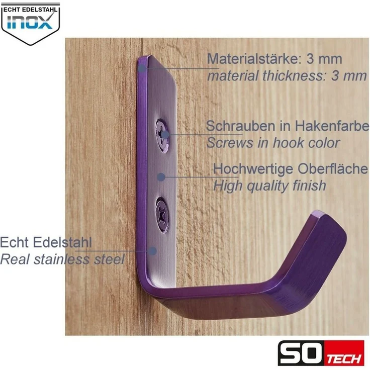 SO-TECH® Kleiderhaken Wandhaken, aus Edelstahl, 60 x 20 x 45 mm, (1-St), kleiner Jackenhaken mit abgerundeten Kanten lila – Bild 3