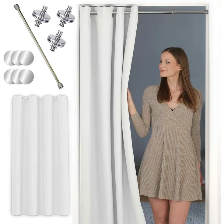 tinycurtains Türvorhang mit Stange silber 70-120 cm Thermo Vorhang ohne Bohren, blickdicht, Ösen, abdunkelnd, Polyester, weiß Purity, Türgardine mit Klemmstange Raumtrenner verdunkelnd