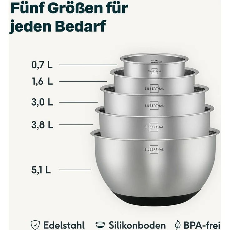 SILBERTHAL Rührschüssel Salatschüssel 5er Set, Edelstahl, (5-tlg), Rutschfest dank Silikonboden, mit integrierter Skala – Bild 2