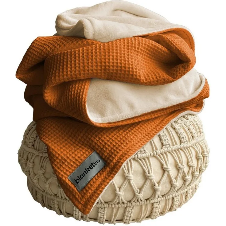 Wohndecke flauschige Kuscheldecke, wärmende Couchdecke, blanketino, Stilvolle Sofadecke, Überdecke in Cognac & Sandweiß