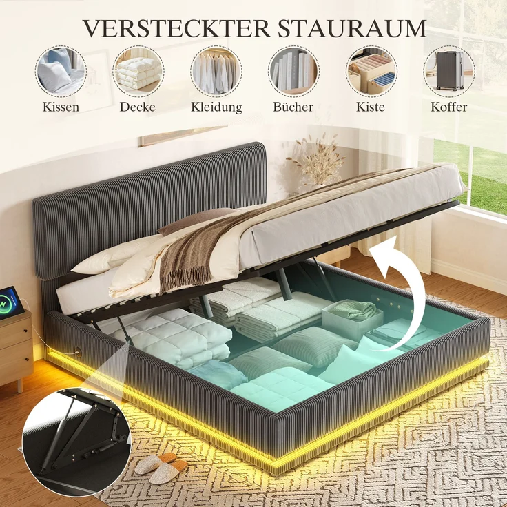 Polsterbett Cord mit LED & USB-Anschluss, 141x207x102-112 cm, Dunkelgrau, ohne Matratze – Bild 5