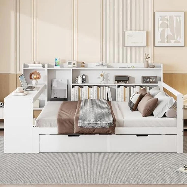 Ball & Cast Stauraumbett (140 * 200cm) mit Schublade, Schlafsofa mit Vielen Ablagefächern + Schreibtisch und USB-Anschlüssen, Einfach & Zeitsparend Montierbar, Weiß – Bild 5