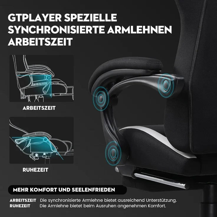 GTPLAYER Gaming-Stuhl Ergonomischer Gaming Sessel Schreibtischstuhl Gamer Stuhl aus Stoff, Federsitzkissen mit Fußstütze – Bild 4