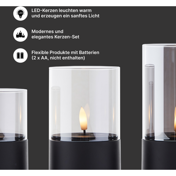 Brilliant Bougie LED-Kerzen 3er-Set - schwarz/geräuchertes Glas, warmweiß flackernd, 10 cm,12,5 cm,15 cm, batteriebetrieben, Dekoration für drinnen & draußen – Bild 2