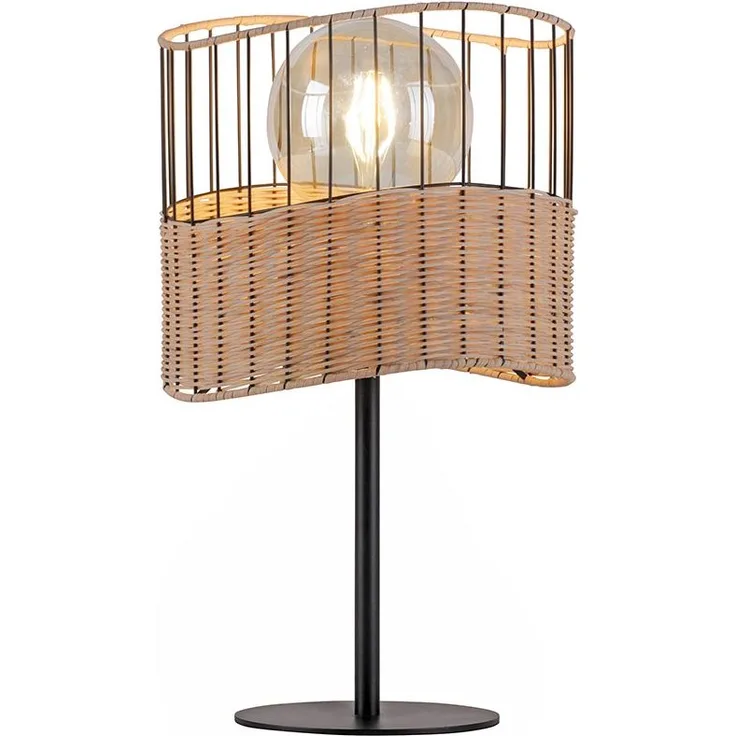 Tischleuchte, Metall, schwarz, Holzgeflecht, E27, H 42 cm